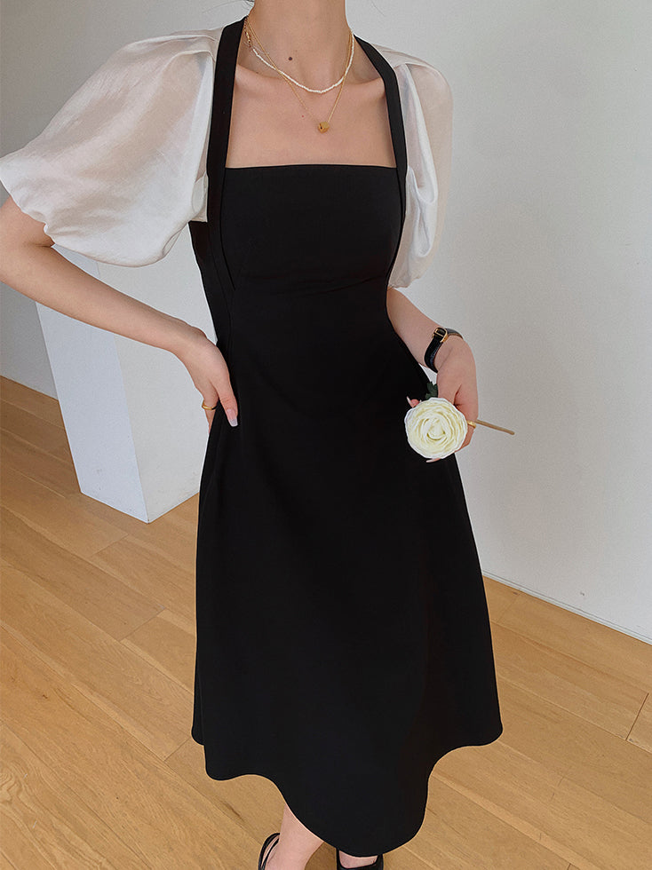 square neck puff sleeve bicolor dress