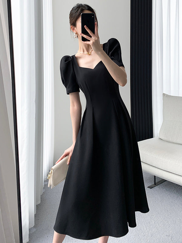 square neck back cross black long dress