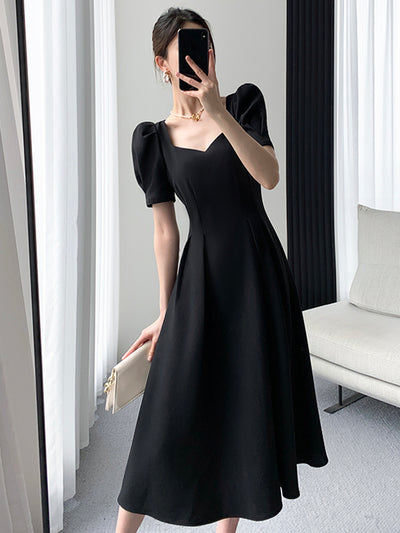 square neck back cross black long dress