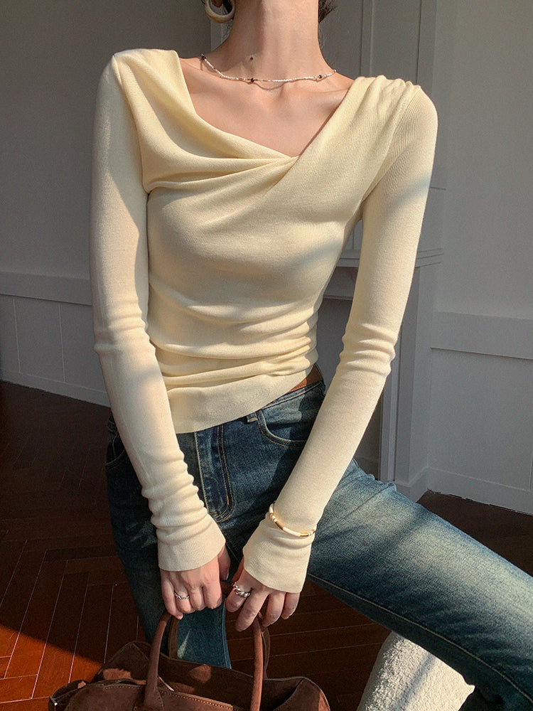 asymmetry neck long sleeve knit tops