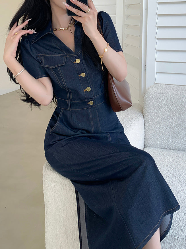 dark blue denim tight long one piece