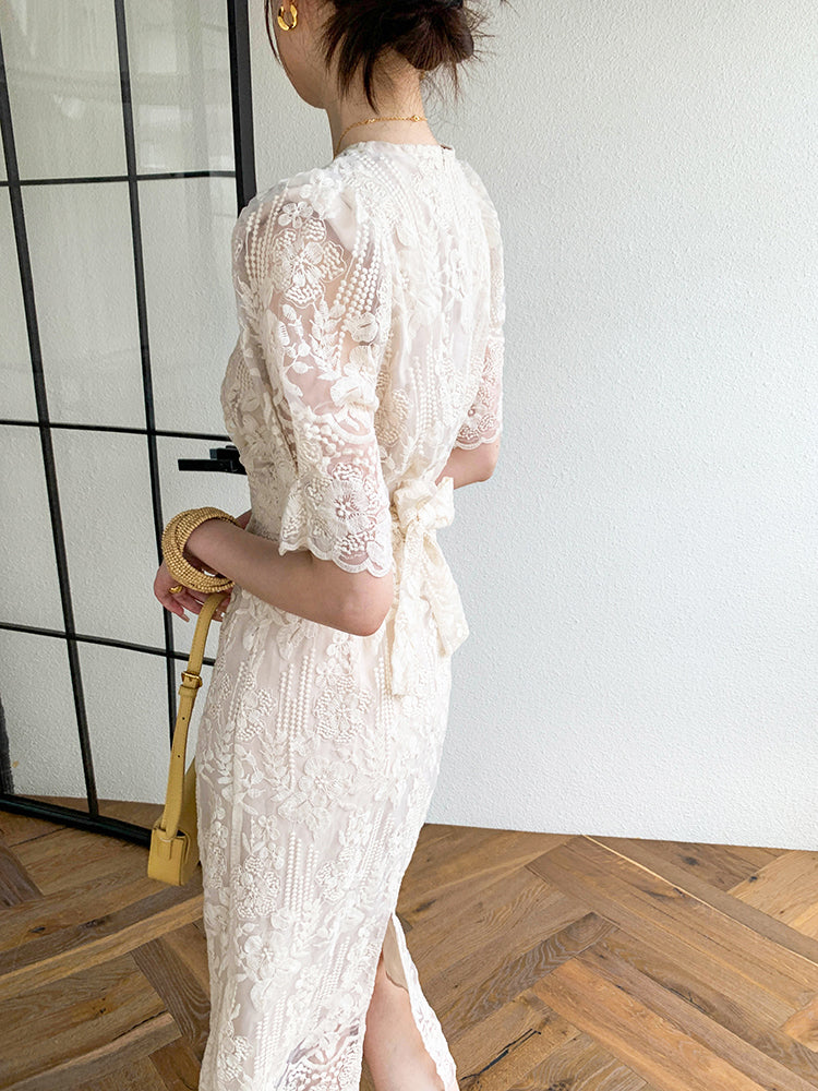puff sleeve lace tight one piece