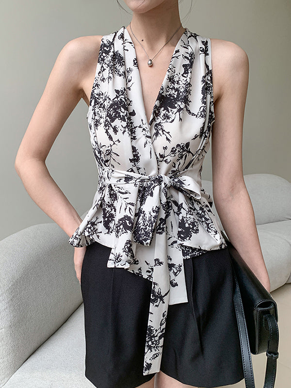 sleeveless v neck flower print tops