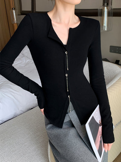 black slim fit v neck chain tops