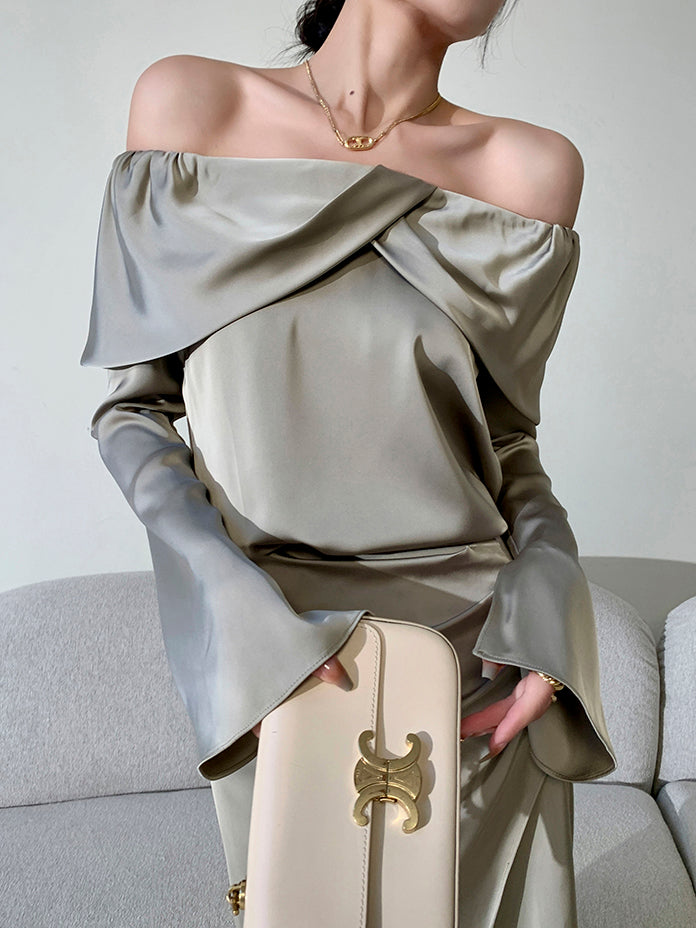 satin off shoulder draped tops