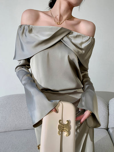satin off shoulder draped tops