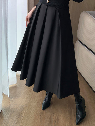 high waist slim pleated black long skirt