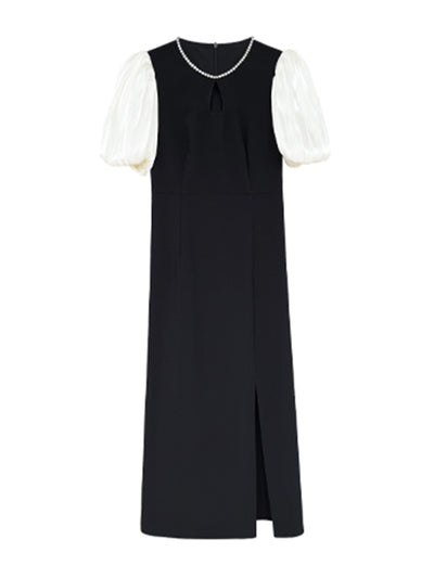puff sleeve bijou neck bicolor slit dress