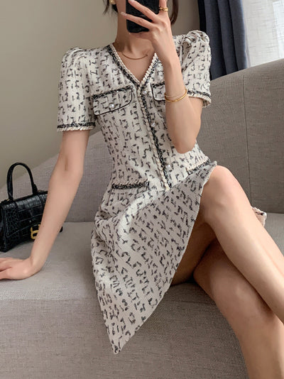 v neck button tweed check short one piece