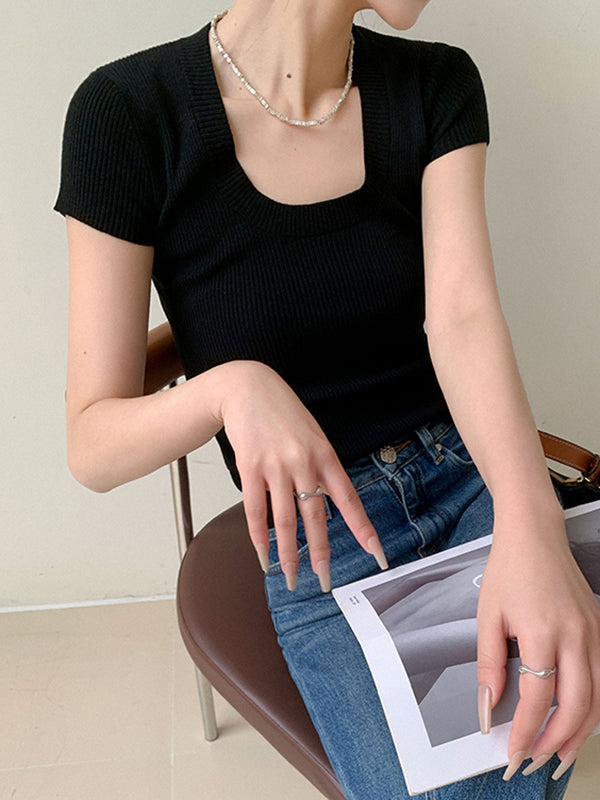 u neck short sleeve knit tops