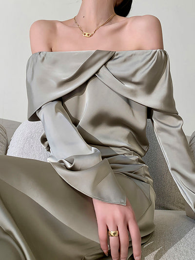 satin off shoulder draped tops