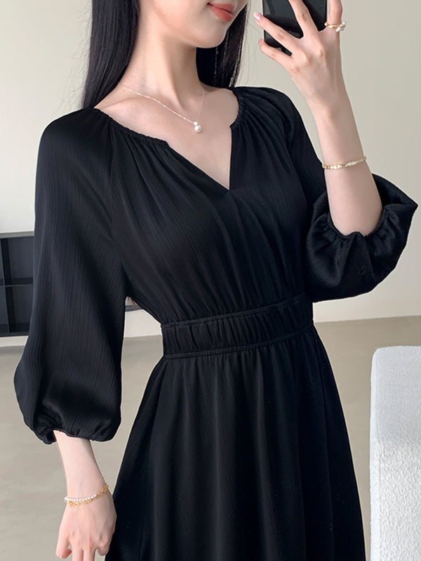 v neck three quarter sleeve black long dress