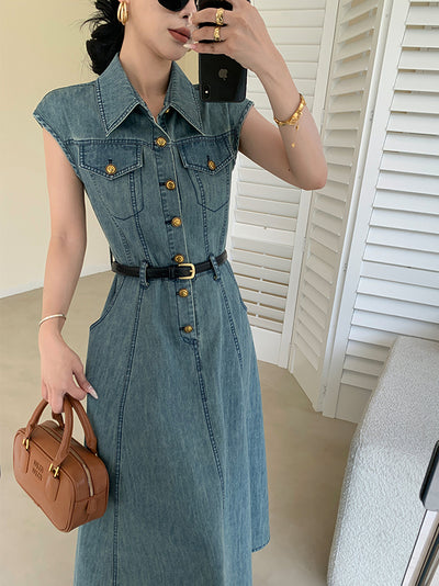 blue denim flare long one piece