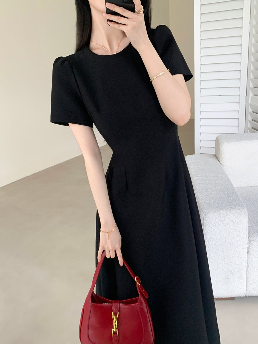 u neck black flare long dress