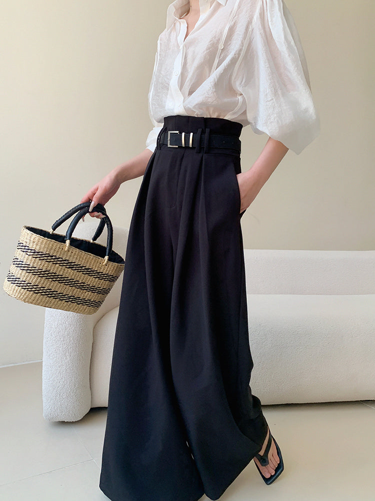 high waist slim wide black pants
