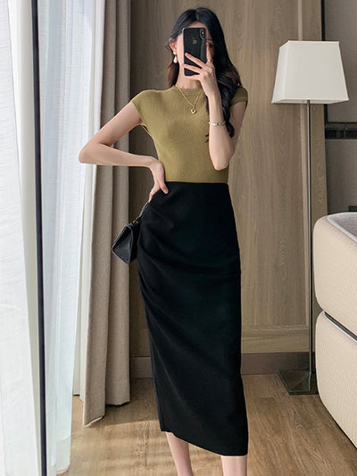 round neck french sleeve slim knit tops