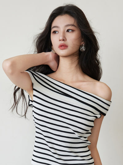 off shoulder striped knit tops