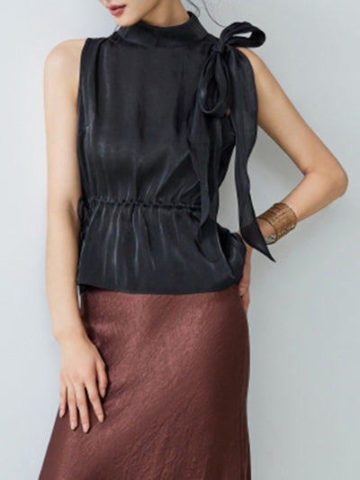 high neck sleeveless ribbon tops