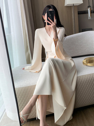 v neck style drape long one piece