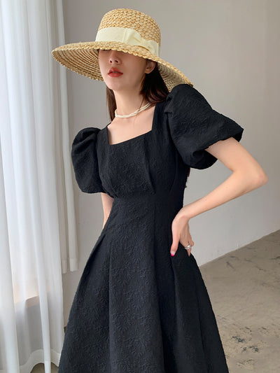 square neck waist puff sleeve flare long black dress