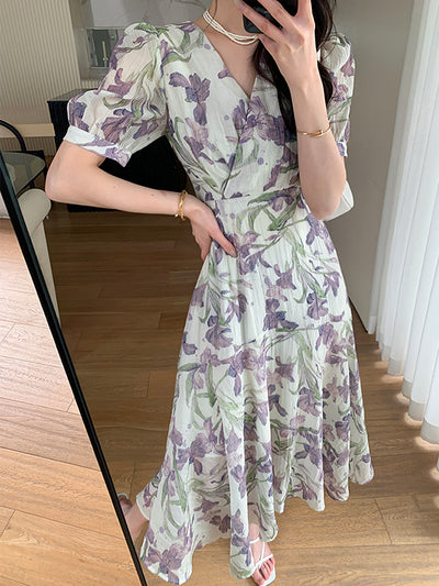 v neck flower tencel long one piece