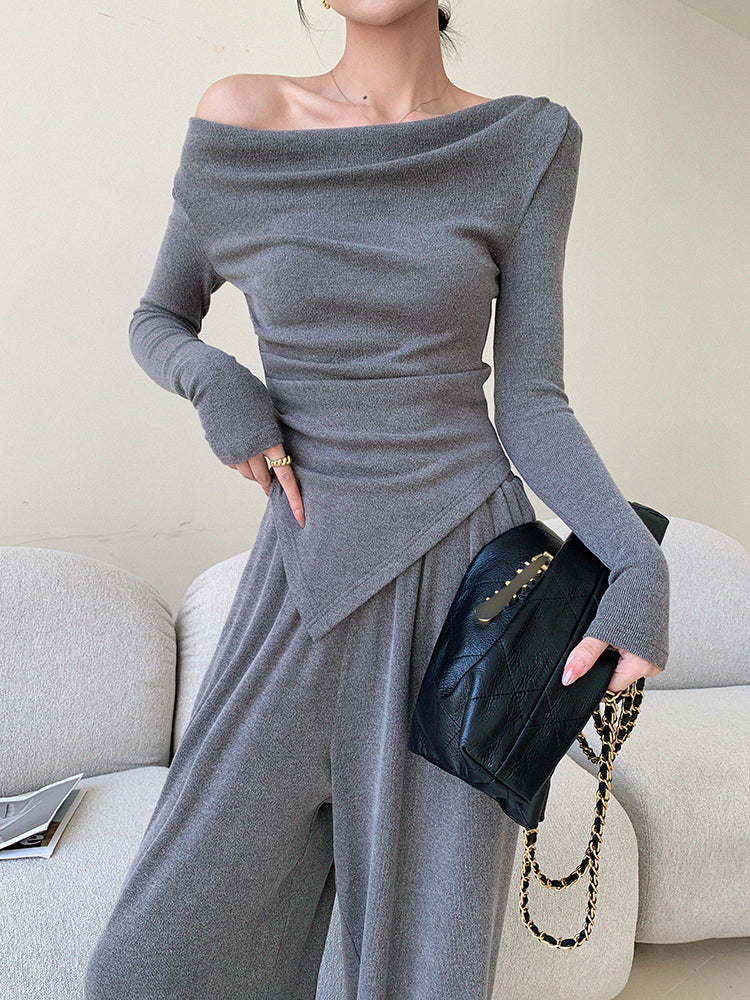 off shoulder asymmetry pants setup