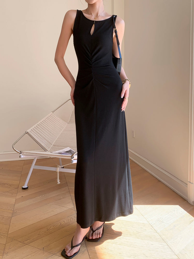 black hollow design sleeveless long dress