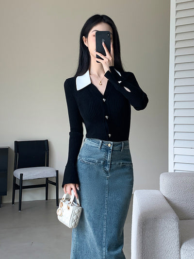 v neck collar heart button cardigan