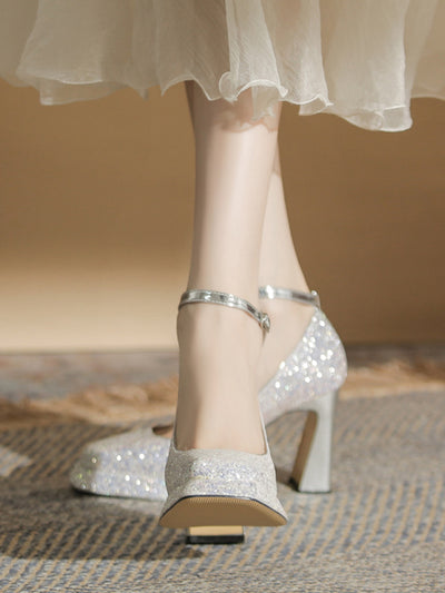 crystal square toe high heel pumps