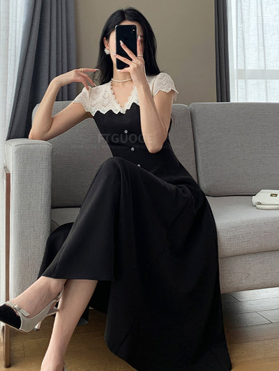 french retro lace flare long one piece