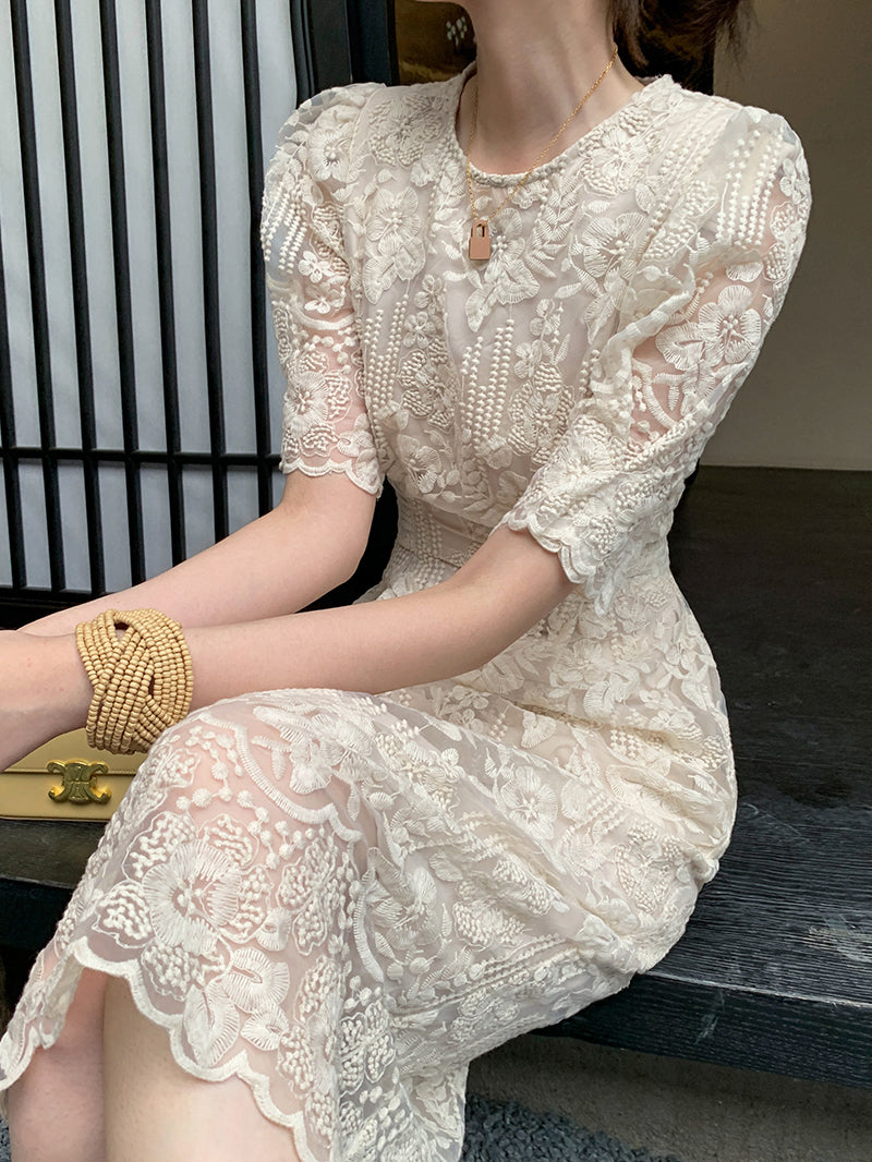 puff sleeve lace tight one piece