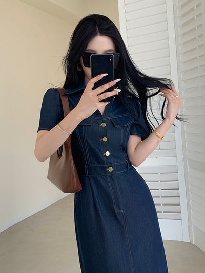 dark blue denim tight long one piece