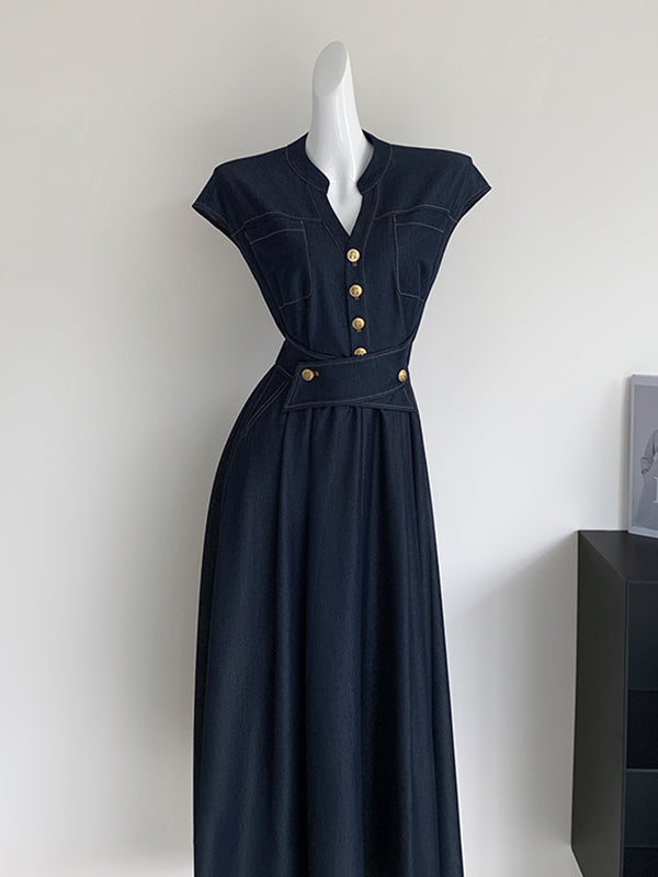 gold button denim long dress