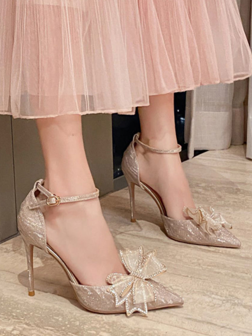 rhinestone ribbon pointed toe pumps