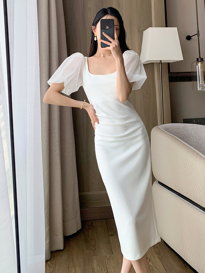chiffon puff sleeve white tight dress