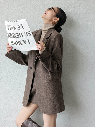 brown suit jacket mini skirt setup