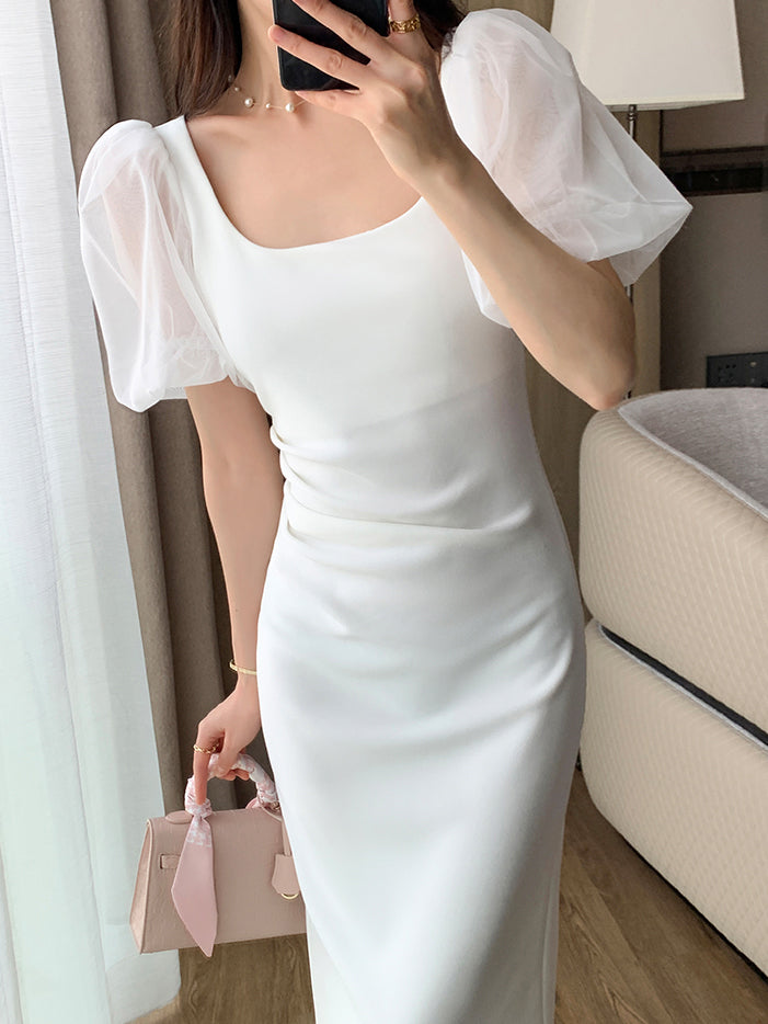 chiffon puff sleeve white tight dress