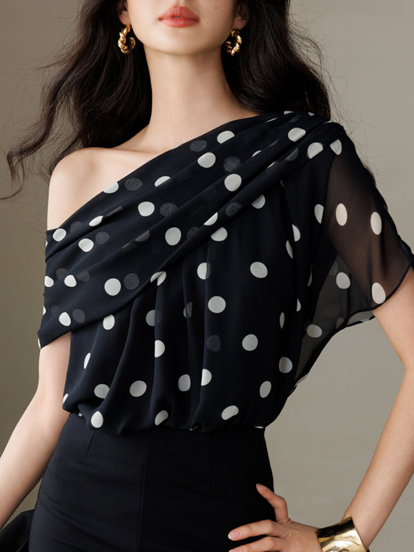 one shoulder chiffon dot tops