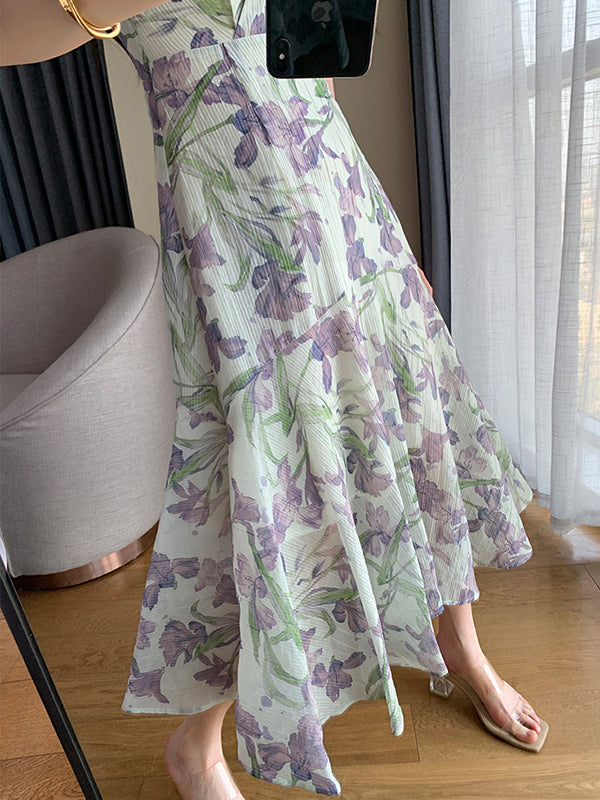 v neck flower tencel long one piece