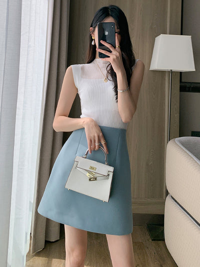 high waist trapezoid light blue mini skirt