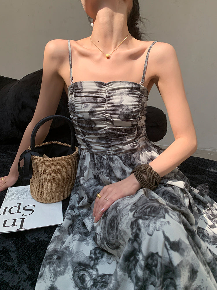 flower print monotone long dress