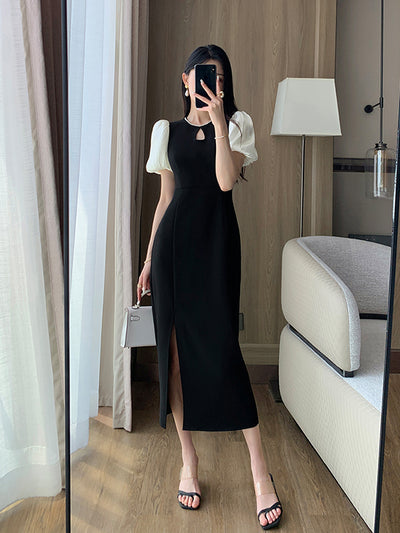 puff sleeve bijou neck bicolor slit dress
