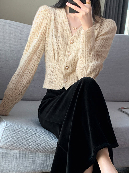 v neck knit short lace cardigan