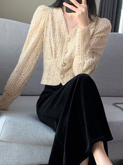 v neck knit short lace cardigan