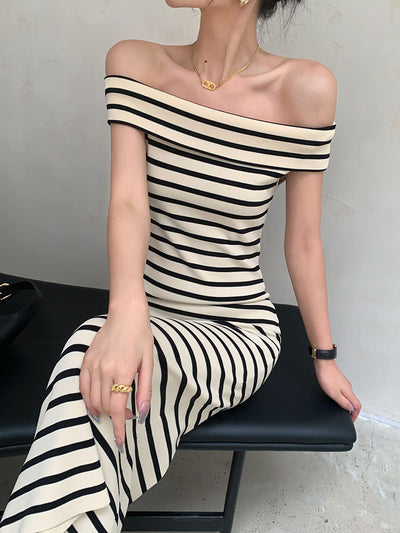 striped off shoulder knit long one piece