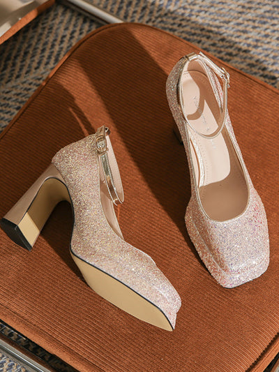 crystal square toe high heel pumps