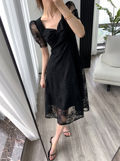 square neck flare black lace one piece