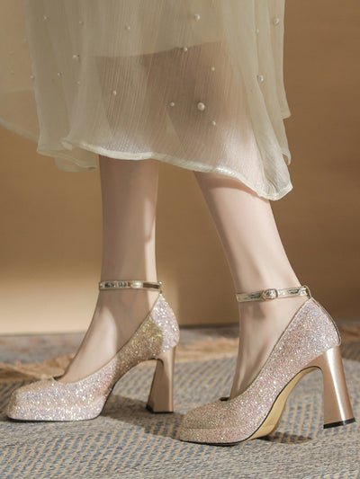 crystal square toe high heel pumps