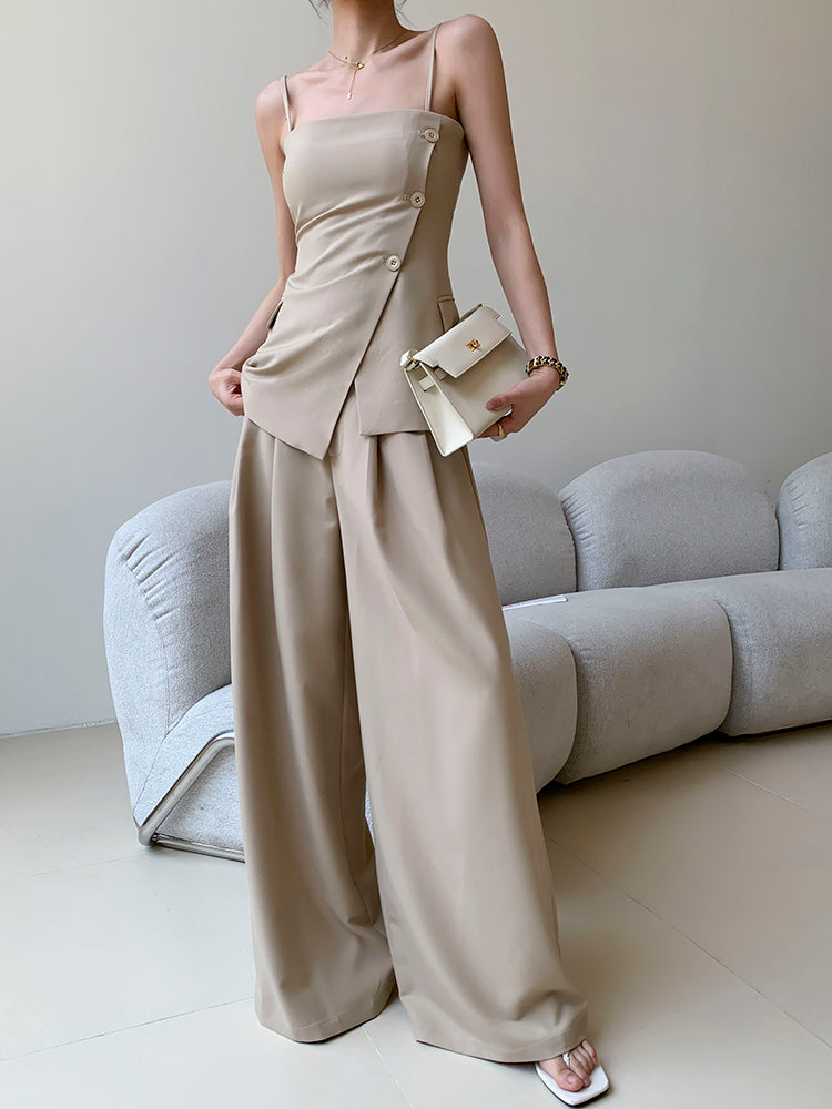 side button tops wide long pants setup