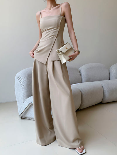 side button tops wide long pants setup